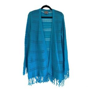 Evolution by Cyrus | Boho Turquoise Crochet Fringe Cardigan | Size XL